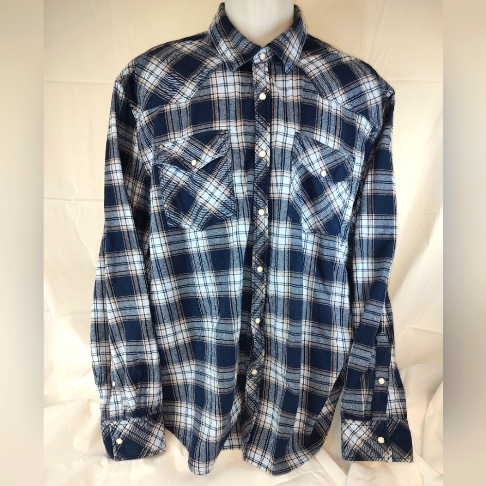 Venzulia Men's XXL Blue Plaid Mother Of Pearl Snap Front Western Shirt